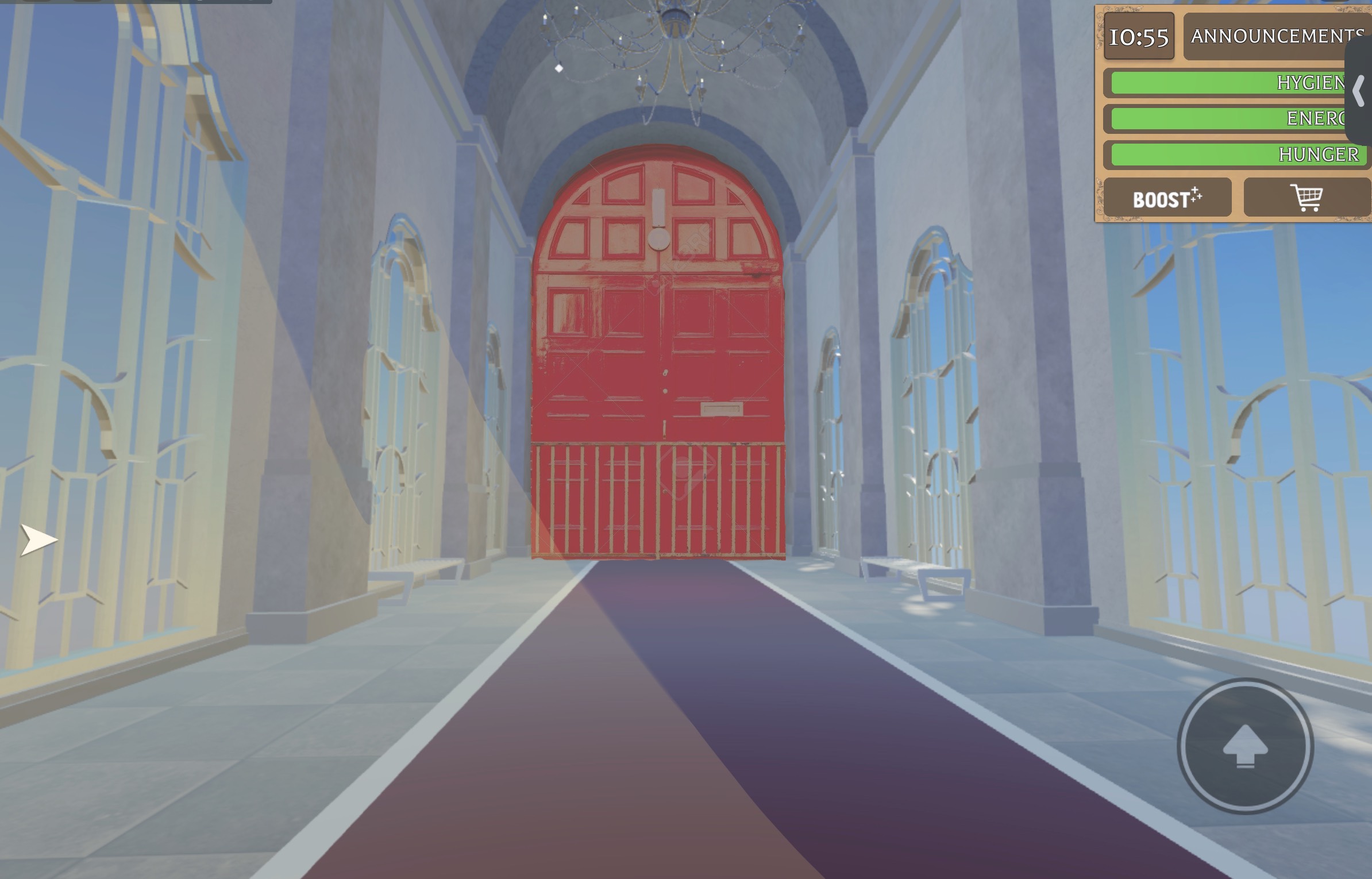 A marble castle hallway with a large arched red double door at the end, and sunshine shining through the windows.